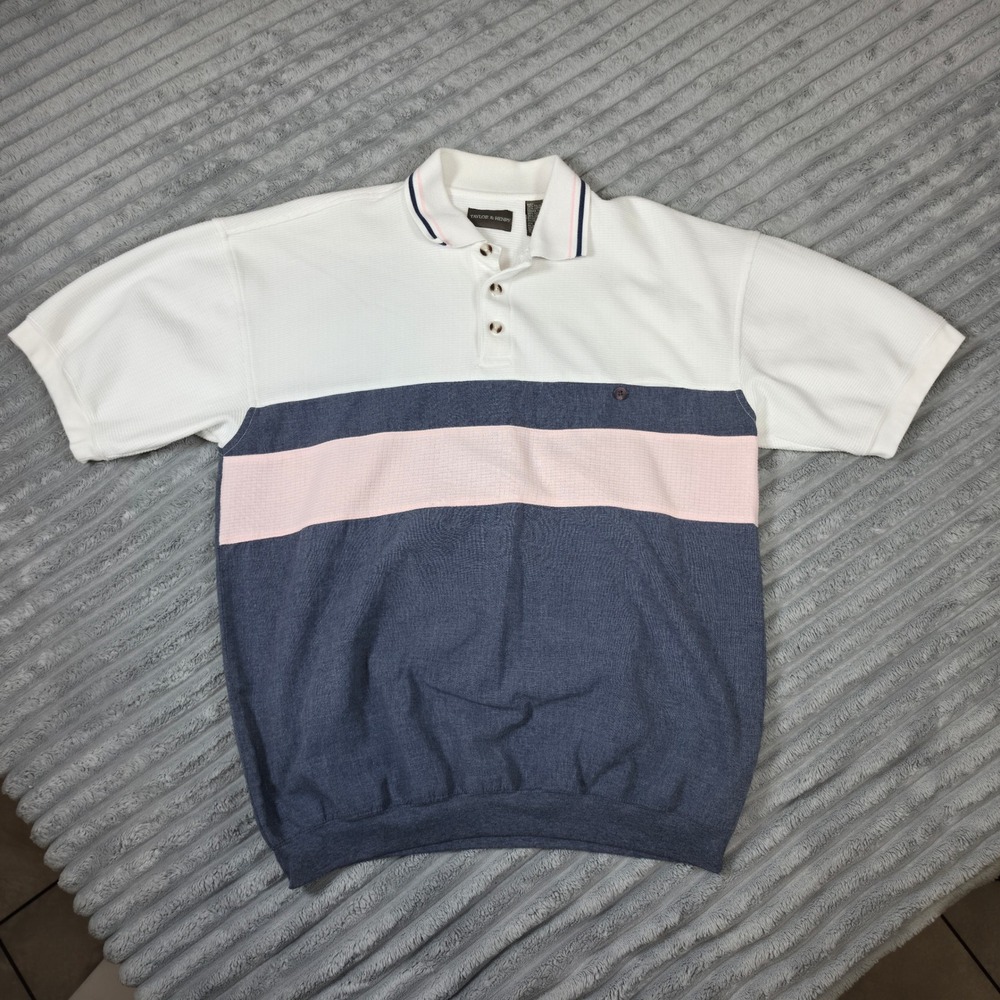 Taylor & Henry Mens Waffle Knit Polo Shirt Blue White Pink Colorblock Size M